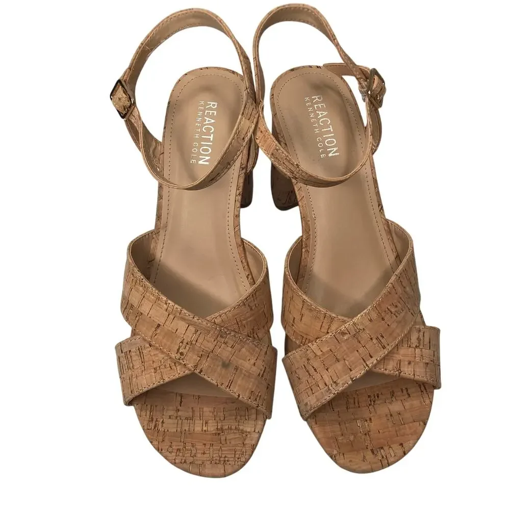 Reaction Kenneth Cole Sandals Women Sz 9 Brown Cork Platform Block Heel